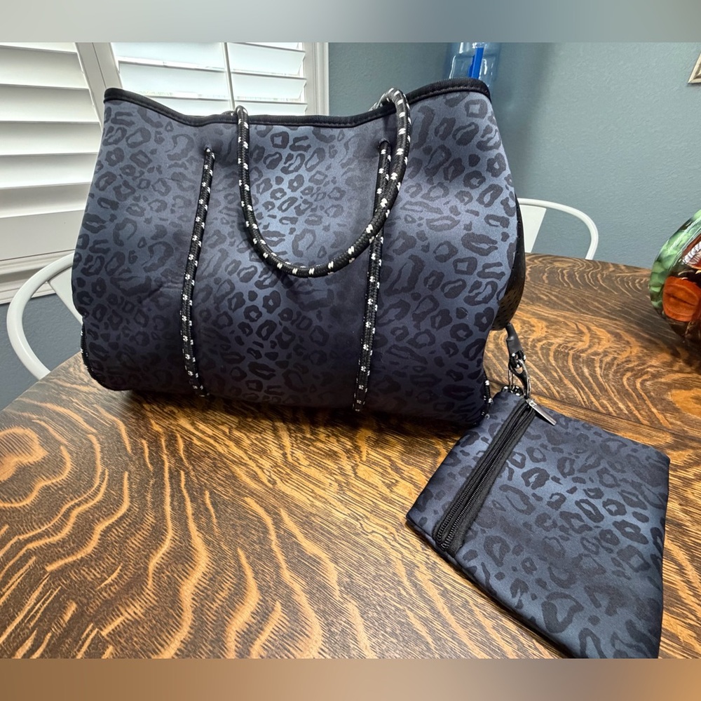 Leopard-Print Neoprene Tote in Dark Gray with Matching Pouch